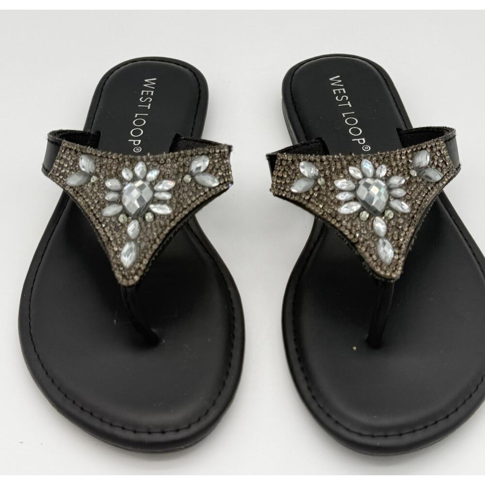 West Loop Black Rhinestone Embellished Thong Flip Flop Sandals Sz S 5/6